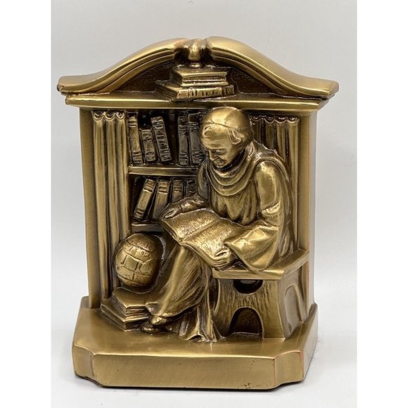 Vtg USA Philadelphia Manufacturing PM Solid Brass Bookend Monk Bishop Scholar - Picture 2 of 4